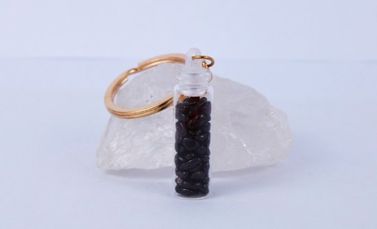Sleutelhanger Kristallen Flesje Granaat Edelsteen - Natuurlijke Natuursteen in Fles van Glas - Goudkleurig - Bixorp Gems