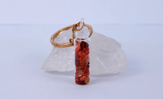 Sleutelhanger Kristallen Flesje Rode Agaat Edelsteen - Natuurlijke Natuursteen in Fles van Glas - Goudkleurig - Bixorp Gems