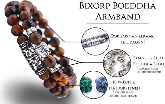 Bixorp Gems 2 Natuursteen Boeddha Armbanden van Zonnesteen - Oranje Kralenarmband met Stainless Steel / Roestvrij Staal