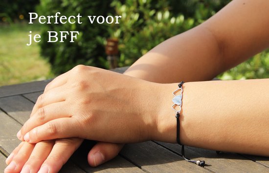 Vriendschapsarmbandjes voor 3 met Hartjes Zilverkleurig aan Zwart Bandje -  BFF Armband Meisjes - Cadeau voor haar - Bixorp Friends