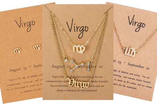 Bixorp Stars 5 Maagd / Virgo sieraden Goudkleurig - Set van Sterrenbeeld Ketting + Oorbel + Armband - Cadeau voor haar - Cadeau voor Sinterklaas - Cadeau voor Kerst