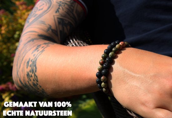 Bixorp Gems Dubbele Natuursteen Armband voor Man & Vrouw - Groen-Oranje/Zwart contrast - Edelsteen Armband Cadeau - Lavasteen - 22cm