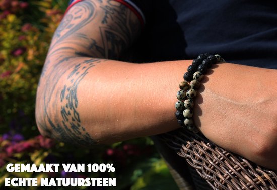 Bixorp Gems Dubbele Natuursteen Armband voor Man & Vrouw - Wit Gespikkeld/Zwart contrast - Edelsteen Armband Cadeau - Dalmatiër Jaspis & Lavasteen - 18cm