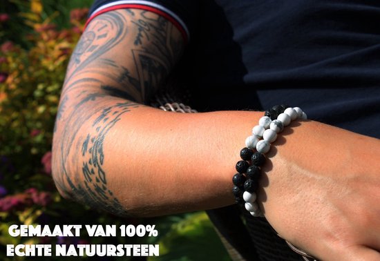 Bixorp Gems Dubbele Natuursteen Armband voor Man & Vrouw - Wit/Zwart contrast - Edelsteen Armband Cadeau - Lavasteen - 22cm