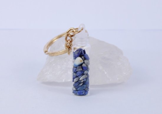 Sleutelhanger Kristallen Flesje Lapis Lazuli Edelsteen - Natuurlijke Natuursteen in Fles van Glas - Goudkleurig - Bixorp Gems