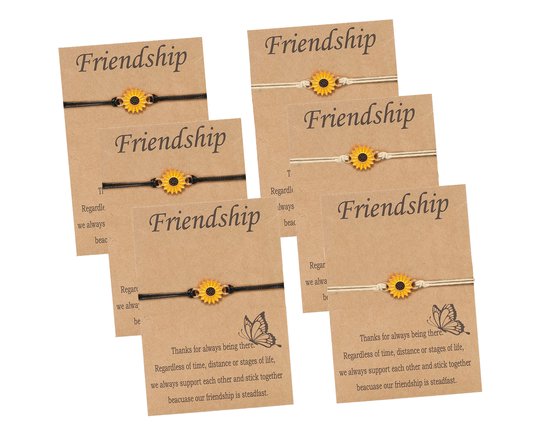 Bixorp Friends Vriendschapsarmbandjes voor 6 met Zonnebloem Beige & Zwart Bandje - BFF Armband Meisjes - Best Friends Armband Vriendschap Cadeau voor Zes