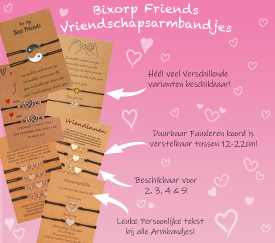Bixorp Friends Vriendschapsarmbandjes voor 3 met Zilverkleurige Hartjes Zwart Bandje - BFF Armband Meisjes - Best Friends Armband Vriendschap Cadeau voor Drie