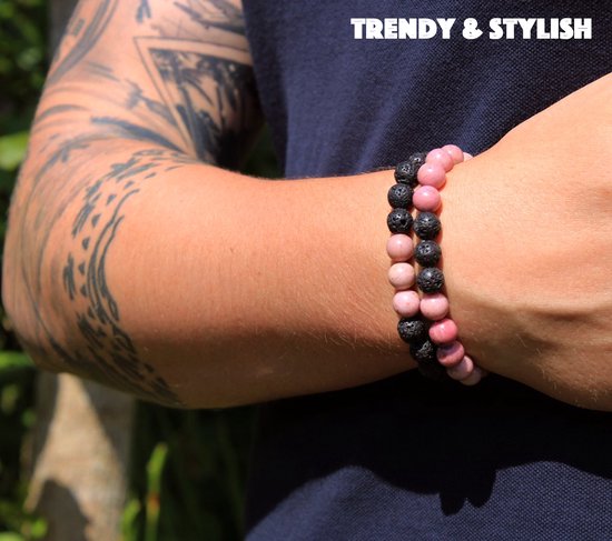 Bixorp Gems Dubbele Natuursteen Armband voor Man & Vrouw - Roze/Zwart contrast - Edelsteen Armband Cadeau - Lavasteen - 18cm