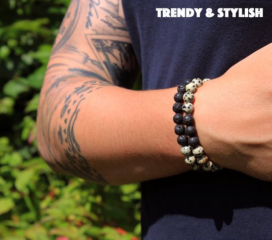 Bixorp Gems Dubbele Natuursteen Armband voor Man & Vrouw - Wit Gespikkeld/Zwart contrast - Edelsteen Armband Cadeau - Dalmatiër Jaspis & Lavasteen - 18cm