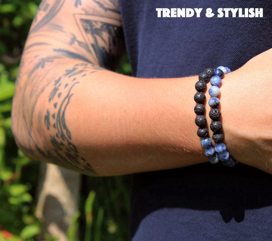 Bixorp Gems Dubbele Natuursteen Armband voor Man & Vrouw - Blauw/Zwart contrast - Edelsteen Armband Cadeau - Lavasteen - 20cm