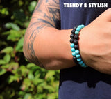 Bixorp Gems Dubbele Natuursteen Armband voor Man & Vrouw - Lichtblauw/Zwart contrast - Edelsteen Armband Cadeau - Lavasteen - 18cm