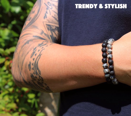 Bixorp Gems Dubbele Natuursteen Armband voor Man & Vrouw - Grijs/Zwart contrast - Edelsteen Armband Cadeau - Lavasteen - 18cm