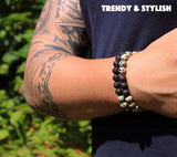 Bixorp Gems Dubbele Natuursteen Armband voor Man & Vrouw - Wit Gespikkeld/Zwart contrast - Edelsteen Armband Cadeau - Lavasteen - 20cm