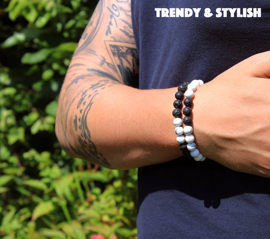 Dubbele Natuursteen Armband Wit & Zwart contrast - Edelsteen Armband Cadeau - Lavasteen - Bixorp Gems