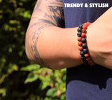 Bixorp Gems Dubbele Natuursteen Armband voor Man & Vrouw - Rood/Zwart contrast - Edelsteen Armband Cadeau - Lavasteen - 18cm