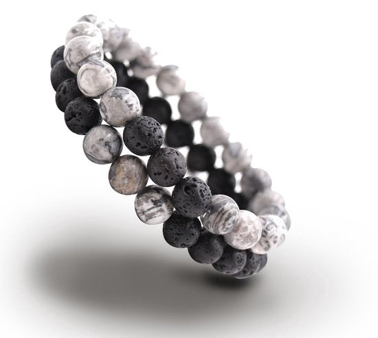 Bixorp Gems Dubbele Natuursteen Armband voor Man & Vrouw - Grijs/Zwart contrast - Edelsteen Armband Cadeau - Lavasteen - 20cm
