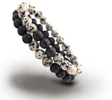 Bixorp Gems Dubbele Natuursteen Armband voor Man & Vrouw - Wit Gespikkeld/Zwart contrast - Edelsteen Armband Cadeau - Lavasteen - 22cm