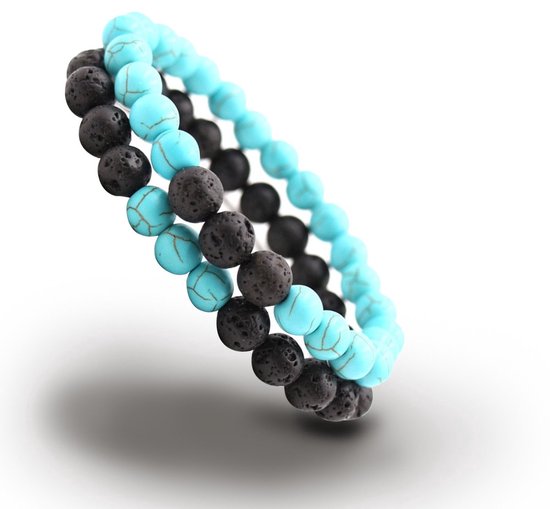 Bixorp Gems Dubbele Natuurstenen Armbanden met Kralen voor Man & Vrouw - Lichtblauw/Zwart contrast - Edelsteen Sieraden Cadeau - 20cm