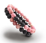 Bixorp Gems Dubbele Natuursteen Armband voor Man & Vrouw - Roze/Zwart contrast - Edelsteen Armband Cadeau - Lavasteen - 22cm
