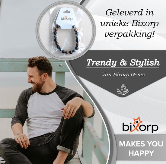 Bixorp Gems Tijgeroog + Hematiet + Onyx Edelstenen Armband - Gepolijste Edelsteen Kralenarmband - 20cm
