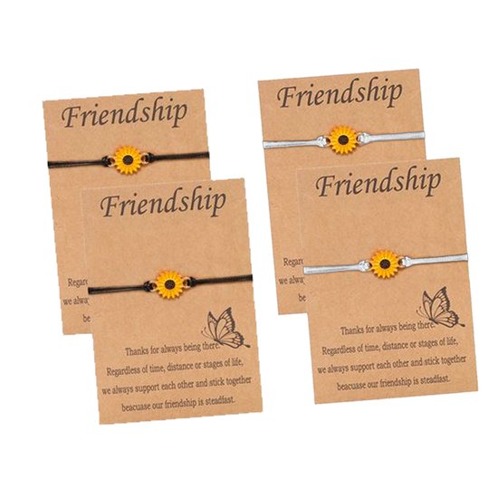 Bixorp Friends Vriendschapsarmbandjes voor 4 met Zonnebloem Wit & Zwart Bandje - BFF Armband Meisjes - Best Friends Armband Vriendschap Cadeau voor Vier
