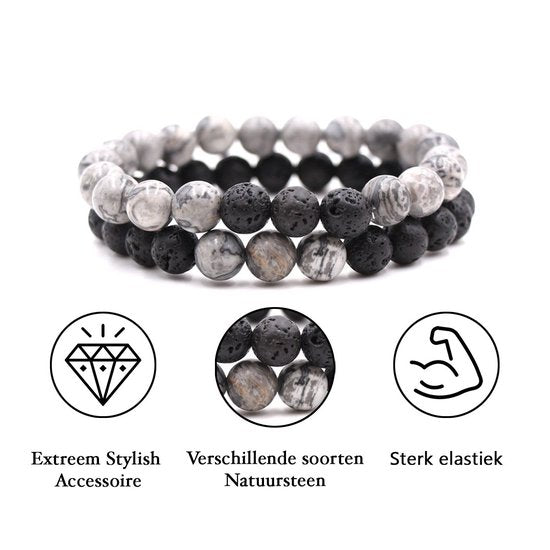 Bixorp Gems Dubbele Natuursteen Armband voor Man & Vrouw - Grijs/Zwart contrast - Edelsteen Armband Cadeau - Lavasteen - 22cm