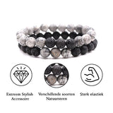 Bixorp Gems Dubbele Natuursteen Armband voor Man & Vrouw - Grijs/Zwart contrast - Edelsteen Armband Cadeau - Lavasteen - 22cm
