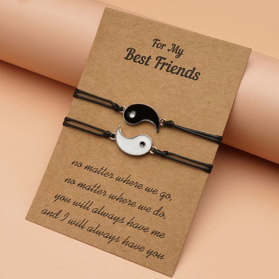 Vriendschapsarmbandjes voor 2 met Yin Yang aan Zwart Bandje - BFF Armband Meisjes - Cadeau voor haar - Bixorp Friends
