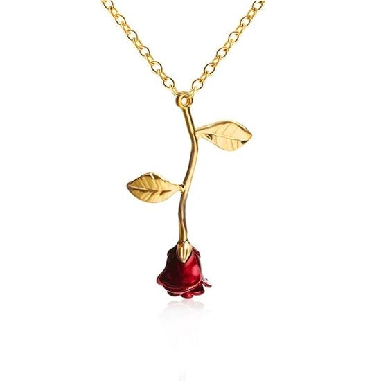 Bixorp Love - Goudkleurige ketting met Rode Roos - Metalen Rozen ketting - Cadeau voor Dames & Meisjes