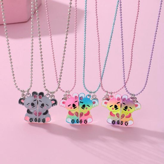 Bixorp Friends BFF Ketting voor 2 met Regenboog Panda Magnetisch & Glitters - Roze & Blauw Koord - Vriendschapsketting Cadeau