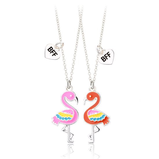Bixorp Friends BFF Ketting voor 2 met Flamingos - Roze - Zilverkleurig - Best Friends Ketting Vriendschap Cadeau voor Twee