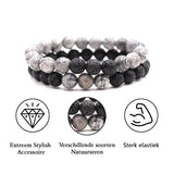 Bixorp Gems Dubbele Natuursteen Armband voor Man & Vrouw - Grijs/Zwart contrast - Edelsteen Armband Cadeau - Lavasteen - 18cm