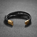 Bixorp - Gevlochten Herenarmband van Faux Leer met Goudkleurig blad - Zwarte Imitatieleer Armband voor Mannen - Zwarte armband met Stainless Steel Goudkleurige Details