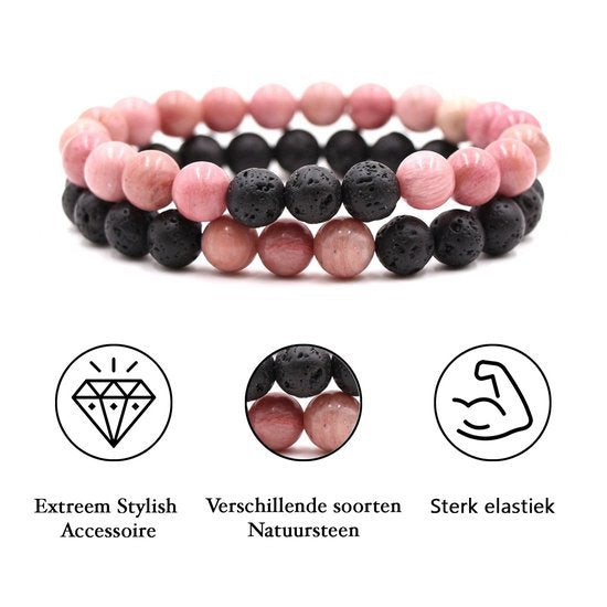 Bixorp Gems Dubbele Natuursteen Armband voor Man & Vrouw - Roze/Zwart contrast - Edelsteen Armband Cadeau - Lavasteen - 22cm