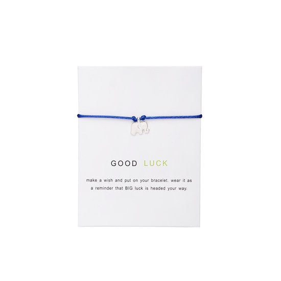 Bixorp Luck Dames Armband met Zilveren Olifant aan Blauw Bandje - "Good Luck" - 18cm - Cadeau voor Vrouw - Zilverkleurig