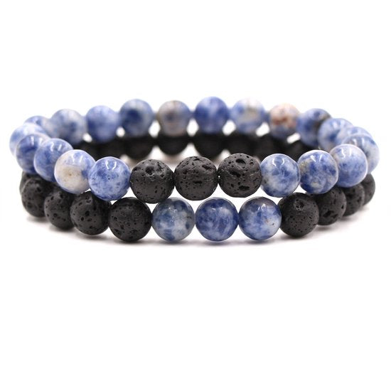 Dubbele Natuursteen Armband Blauw & Zwart contrast - Edelsteen Armband Cadeau - Lapis Lazuli & Lavasteen - Bixorp Gems