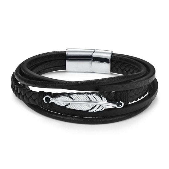 Bixorp - Gevlochten Herenarmband van Faux Leer met Zilverkleurig blad - Zwarte Imitatieleer Armband voor Mannen - Zwarte armband met Stainless Steel Zilveren Details