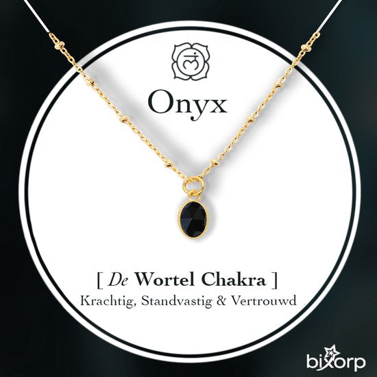 Bixorp Onyx Chakra Ketting met 18k Verguld Goud - Edelsteen Hanger - Roestvrij Staal - 36cm + 8cm verstelbaar