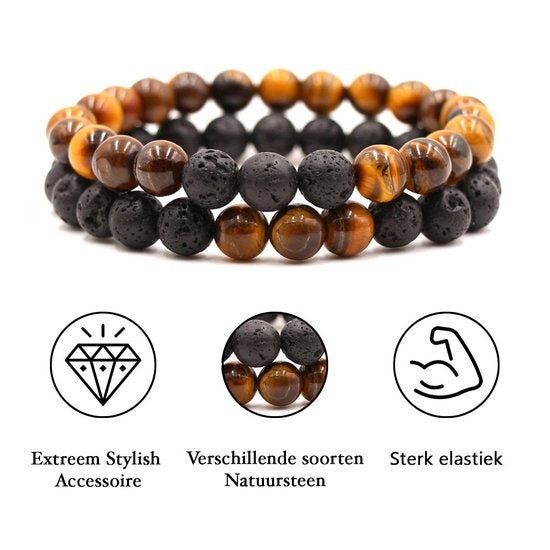 Bixorp Gems Dubbele Natuursteen Armband voor Man & Vrouw - Oranje/Zwart contrast - Edelsteen Armband Cadeau - Lavasteen - 20cm