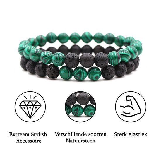 Bixorp Gems Dubbele Natuursteen Armband voor Man & Vrouw - Groen/Zwart contrast - Edelsteen Armband Cadeau - Malachiet & Lavasteen - 20cm