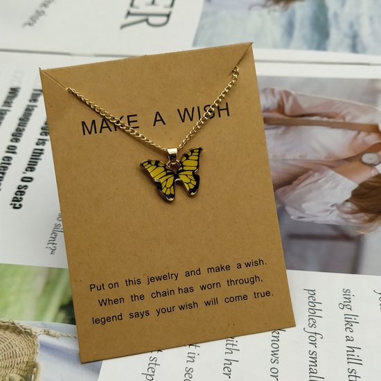 Bixorp Love Vlinder Ketting Geel aan Goudkleurig Koord - Geluksketting - Cadeau voor Dames & Meisjes