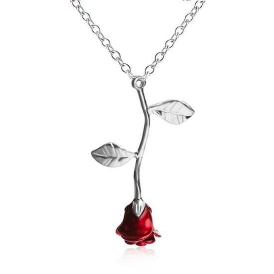 Bixorp Love - Zilverkleurige ketting met Rode Roos - Metalen Rozen ketting - Cadeau voor Dames & Meisjes