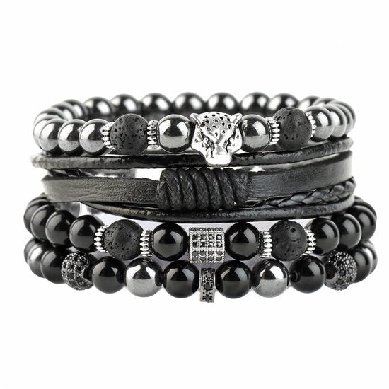 Natuursteen Armband Zwart met Panther - Vier Armbanden met Kralen Zwart - Edelsteen - Bixorp Gems