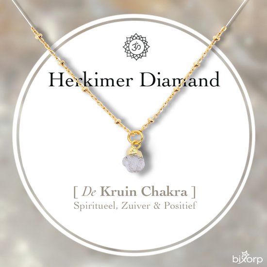 Bixorp Gems Ruwe Herkimer Diamant Kruin Chakra Ketting - 18 Karaat Verguld Goud & Roestvrij Staal - 36cm + 8cm verstelbaar