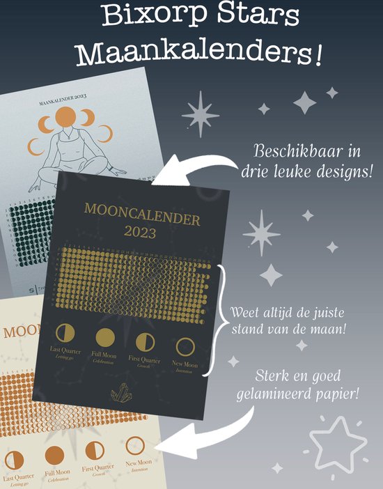 Bixorp Stars Maankalender 2023 Poster Beige A4 Formaat - Gerecycled papier - Volg de stand van de Maan - Spiritueel Cadeau - Sinterklaas / Kerst Cadeau
