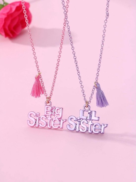 Bixorp Friends BFF Ketting voor 2 met "Big Sister Lil Sister" Roze & Paars - met Kwast - Vriendschaps Cadeau